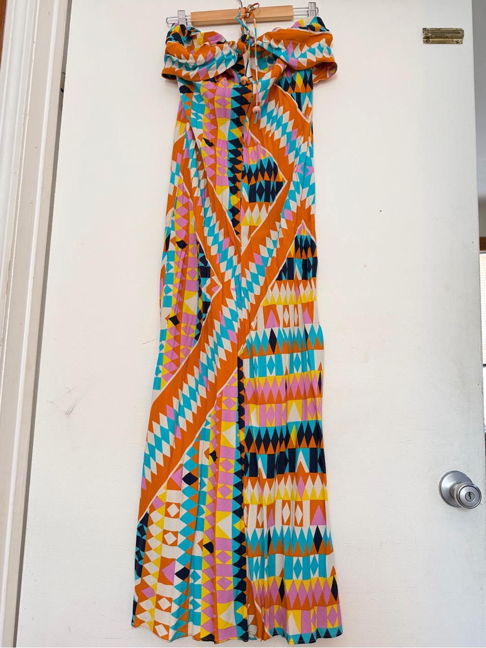 Zara Strapless Geometric Maxi Dress in Orange, Turquoise & Pink